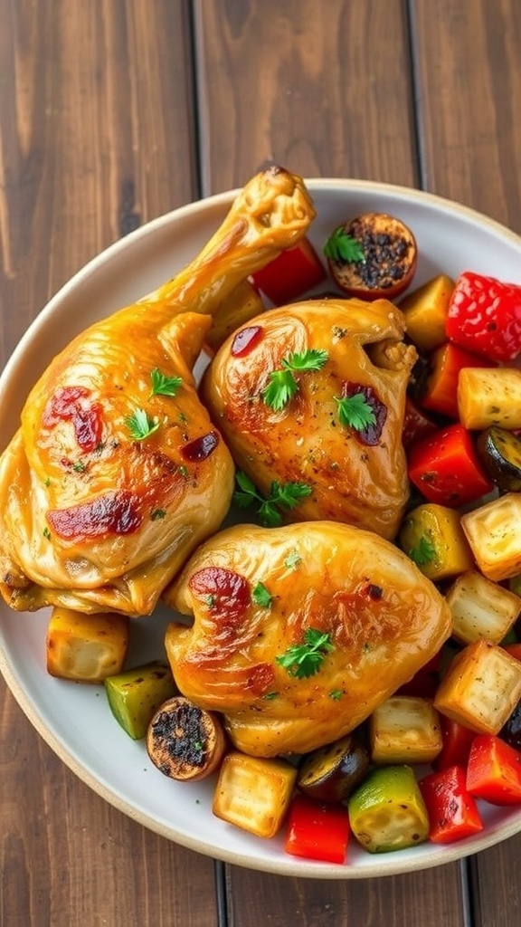 Crispy Air Fryer Chicken Legs and Thighs Recipe Crispy air fryer chicken legs and thighs on a plate with roasted vegetables.